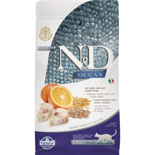 N&D Cat Ocean tőkehal,tönköly,zab&narancs Adult 1,5kg