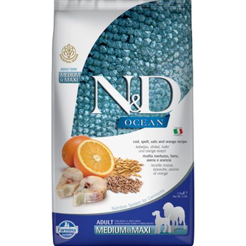N&D Dog Ocean tőkehal, tönköly, zab&narancs adult medium&maxi 2,5kg