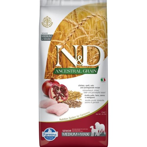 N&D Dog Ancestral Grain csirke,tönköly,zab&gránátalma Senior Medium&Maxi 12kg
